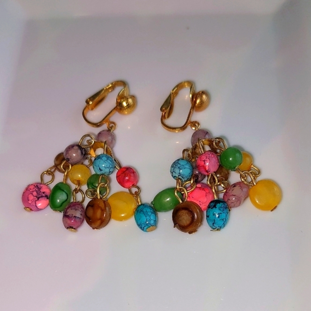 Gold and Pink Cluster Earrings with Playful Beads
